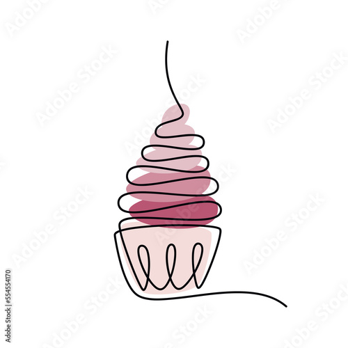 Cupcake muffin vector one line continuous drawing illustration. Hand drawn linear silhouette icon. Minimal design element for print, banner, card, wall art poster, brochure, postcard.