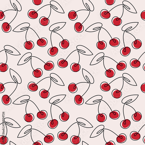 Red cherry berries line icon seamless pattern vector. Trendy linear backdrop. Outline doodle illustration. Wallpaper, background, fabric, textile, print, wrapping paper or package design.