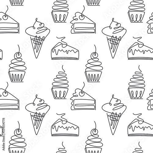 Outline bakery shop backdrop. Vector desserts seamless pattern. Cake, muffin, cupcake, ice cream cone line icon continuous illustration. Wallpaper, background, print, wrapping paper, package design.