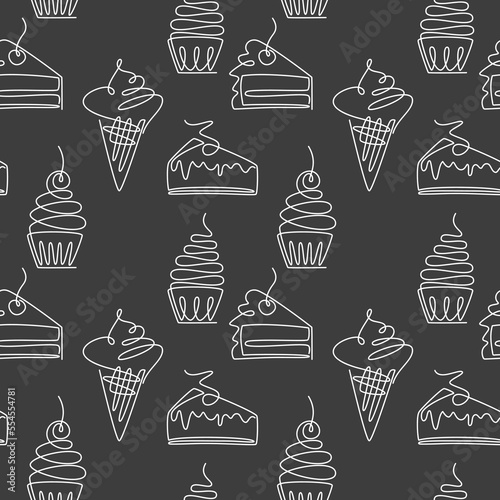 Bakery shop backdrop. Vector desserts seamless pattern. Cake, muffin, cupcake, ice cream cone line icon. Outline continuous illustration. Wallpaper, background, print, wrapping paper, package design.