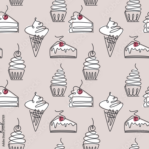 Vector desserts seamless pattern. Cake, muffin, cupcake, ice cream cone line icon. Bakery shop backdrop. Outline continuous illustration. Wallpaper, background, print, wrapping paper, package design.