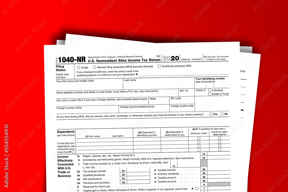 Fototapeta premium Form 1040-NR documentation published IRS USA 44409. American tax document on colored