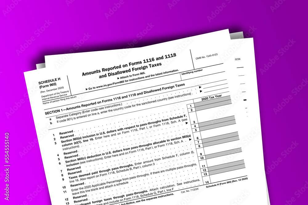 Fototapeta premium Form 965 (Schedule H) documentation published IRS USA 11.13.2020. American tax document on colored