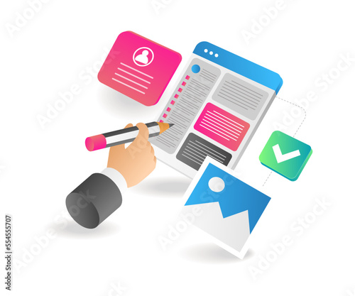 Flat isometric 3d illustration creative make blog article display