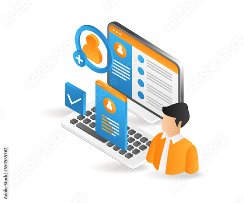 Flat isometric 3d illustration add people to team