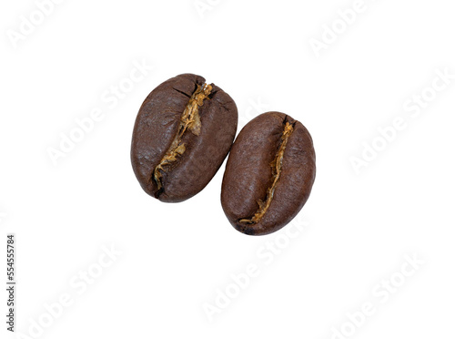 Roasted dark brown coffee beans close-up on a transparent background. Two coffee beans lie side by side. PNG