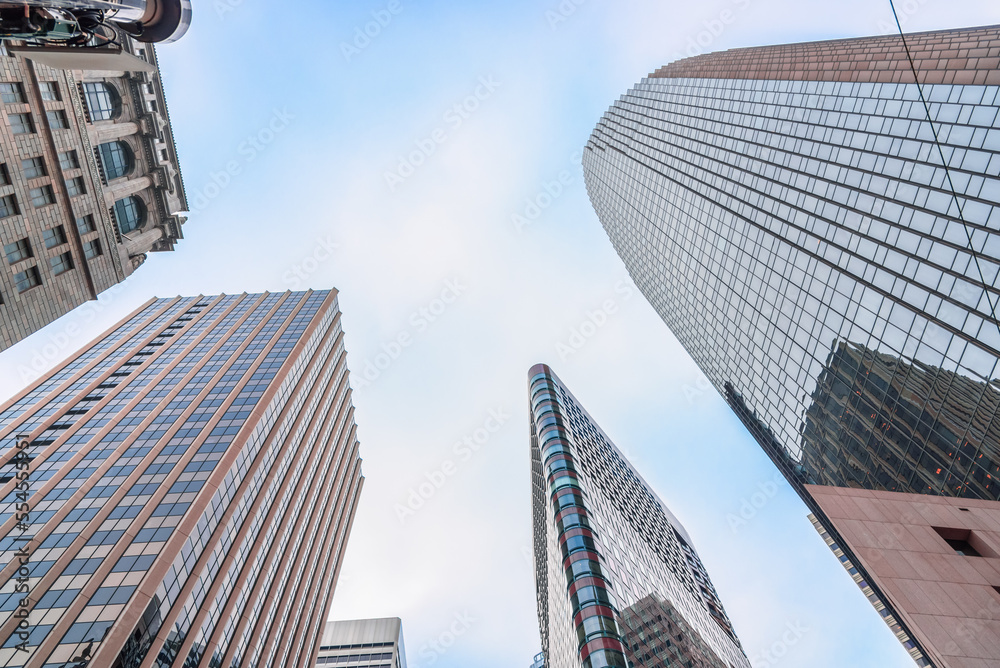 Low angle view of modern office skyscrapers in San Francisco Financial district