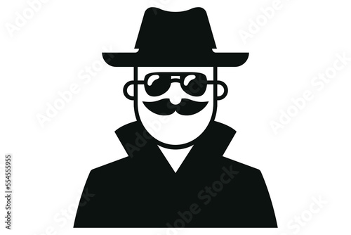 secret observer in a raincoat and hat. spy icon in dark glasses. flat vector illustration.