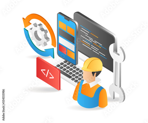 Flat isometric 3d illustration of a web application designer and maintainer