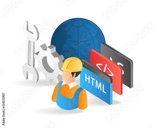 Flat isometric 3d illustration of a web application developer and maintainer