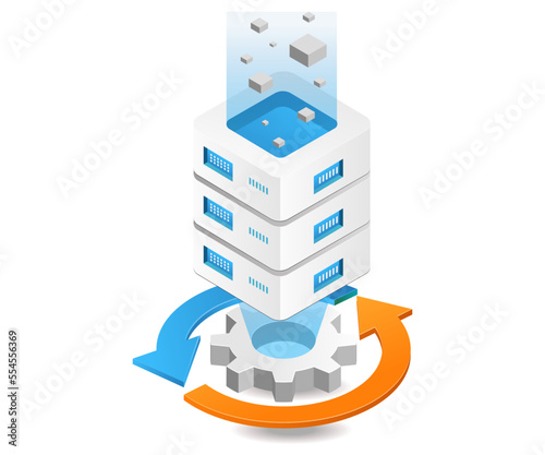 Flat isometric 3d illustration server defragment process