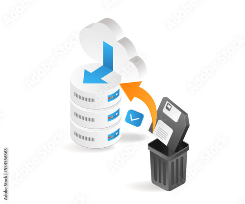 Flat isometric 3d illustration of recovering data from trash