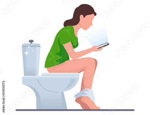 a woman sits on the toilet and looks into the phone. girl urinates in the toilet. flat vector illustration