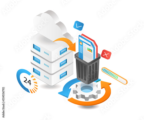 Flat isometric 3d illustration process waste data processing