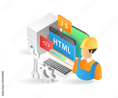 Flat isometric 3d illustration programmer web application developer and maintainer