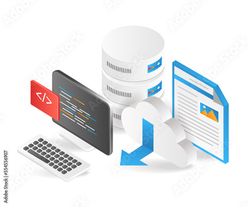 Flat isometric 3d illustration programmer web hosting database