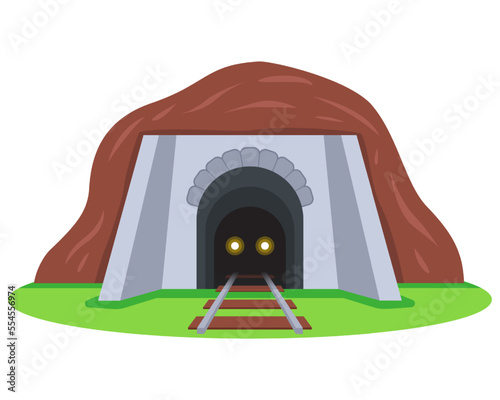 railway tunnel for train passage. dark tunnel through the mountain. flat vector illustration.