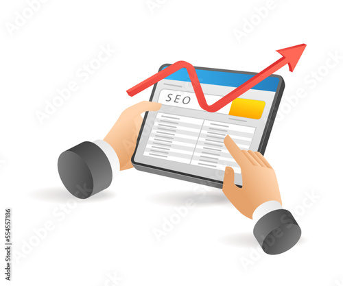 Isometric flat 3d illustration concept of hand selecting keywords for seo optimization