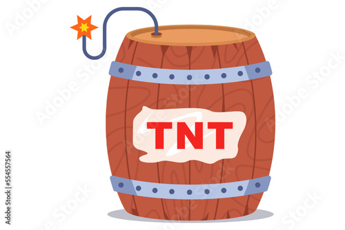 a wooden barrel with a wick for storing gunpowder. flat vector illustration.