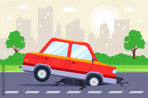 the car got into a pothole on the highway. bad roads. flat vector illustration.