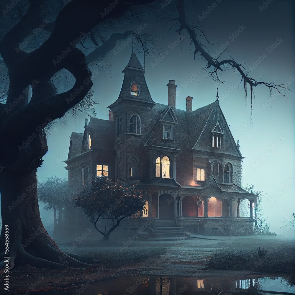 Abandoned mansion, eerie, scary, gloomy in the fog - Generative AI Abandoned mansion, eerie, scary, gloomy in the fog - Generative AI