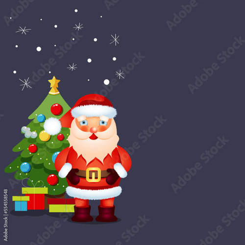 Santa Claus decorated Christmas tree. Festive decorations and items for any New Year and Christmas background decoration. Space for text.