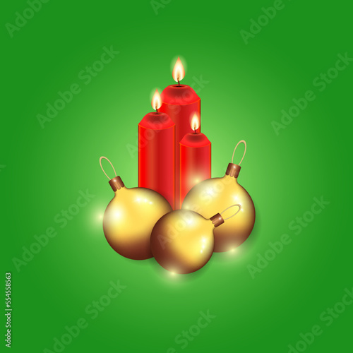 Christmas balls, gifts, Christmas trees and burning candles. Festive decorations and items for any New Year, Christmas background decoration.