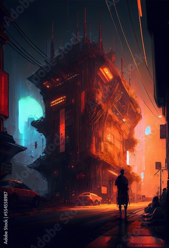 Cyberpunk city, dark alley, walking on the street - generative ai