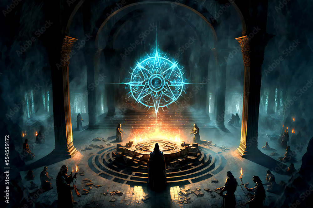 Sacred place, ritual, summoning, spell, priest, magic, fantasy world, game,  background, digital illustration Stock Illustration