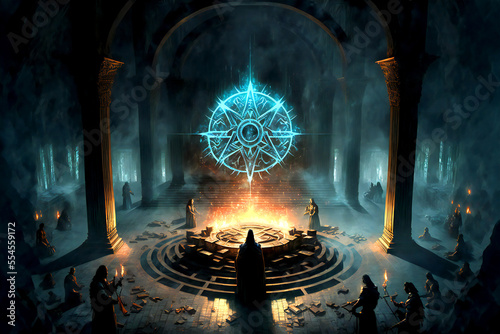 Sacred place, ritual, summoning, spell, priest, magic, fantasy world, game, background, digital illustration