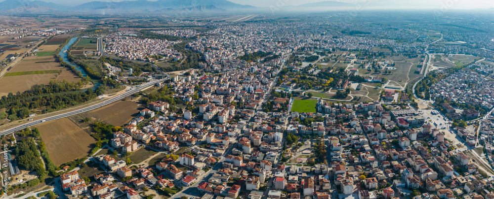 Aerial view around the city Larissa in Greece on a sunny day in autumn	