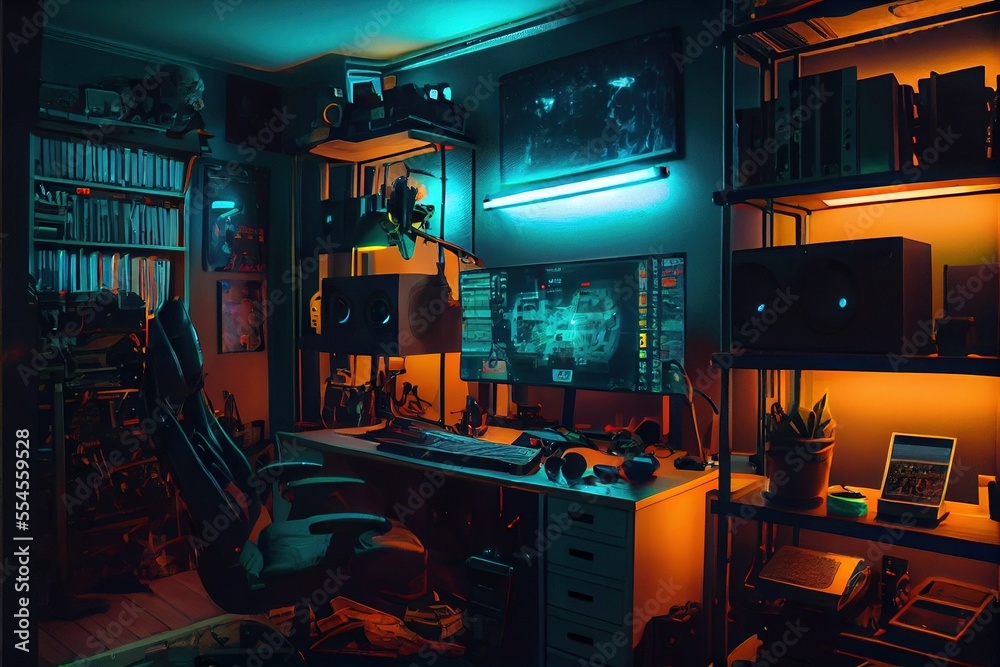 Gaming setup room, gaming room, gaming, gaming setup, Generative AI  Illustration Stock