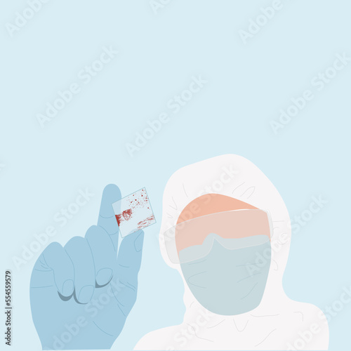 Medical blood test. Scientist in gloves is  holding blood test sample. Chemical laboratory analysis, blood sample. Hematology. Vector flat cartoon illustration