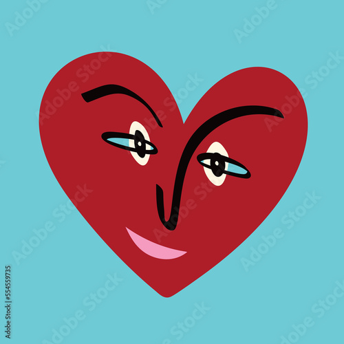 Funky heart with a lovely face. Freaky comic heart. Valentine's Day Card in modern doodle style. Vector illustration