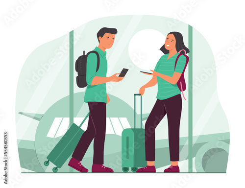 Passengers Man and Woman Holding Suitcase and Talking in Airport