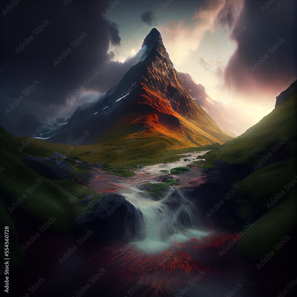 Majestic fantasy landscape with waterfall, river and mountain - generative ai
