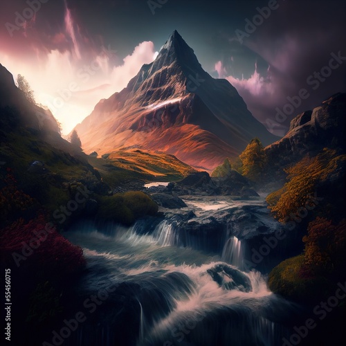 Majestic fantasy landscape with waterfall, river and mountain - generative ai