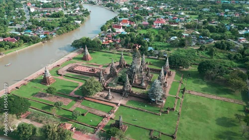 Aerial view Wat Chai Watthanaram buddhist temple with river sightseeing travel inThailand photo
