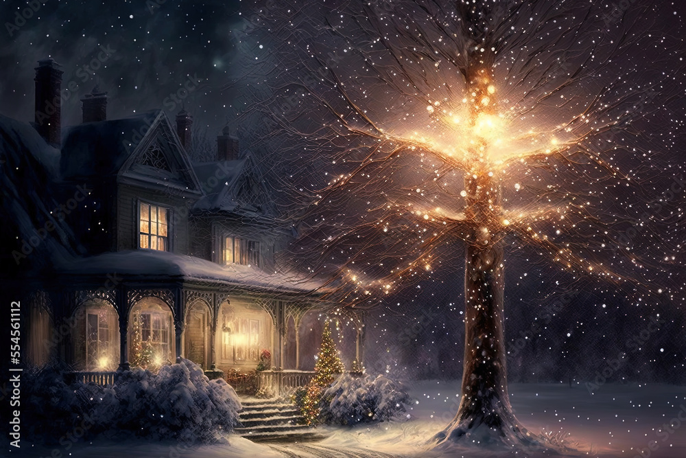 Christmas tree in the snow with shiny lights at night Christmas tree in the snow with shiny lights at night