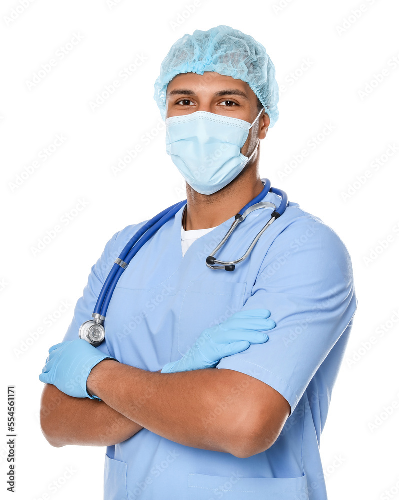 Doctor or medical assistant (male nurse) with protective mask and stethoscope on white background Doctor or medical assistant (male nurse) with protective mask and stethoscope on white background