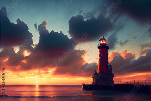 A beautiful sight of a lighthouse at sunset, open sea and huge waves - generative ai