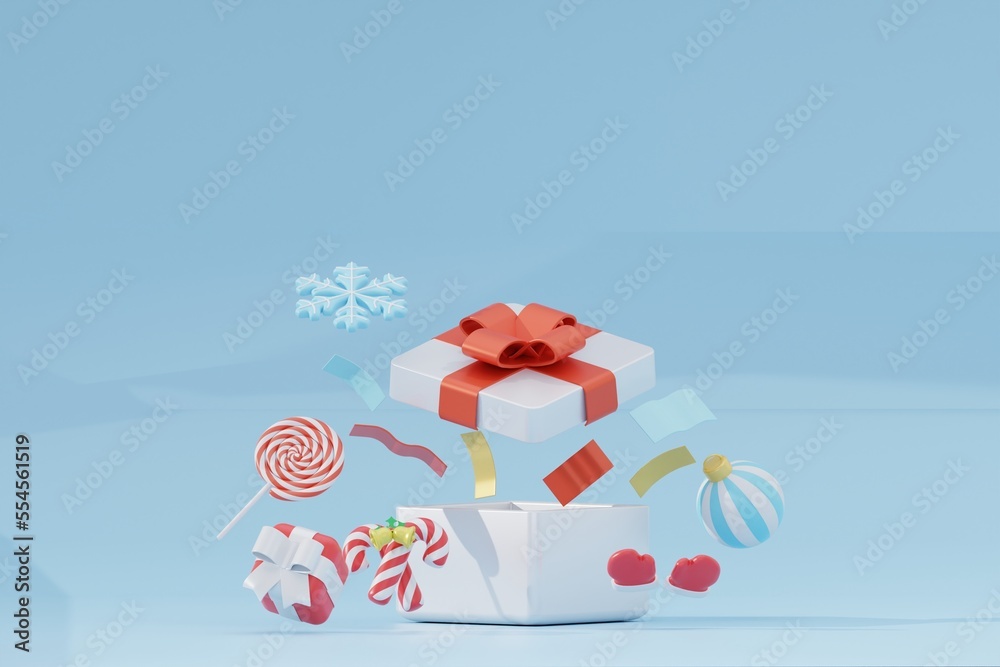Fototapeta premium Open gift box and confetti falling with christmas decorations on blue background. 3d rendering