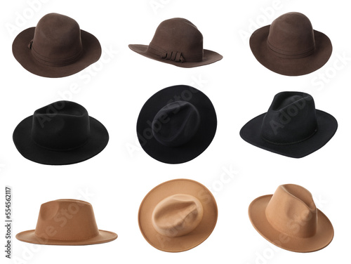 Set with different stylish hats on white background