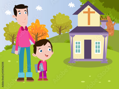 Boy and his father going to church