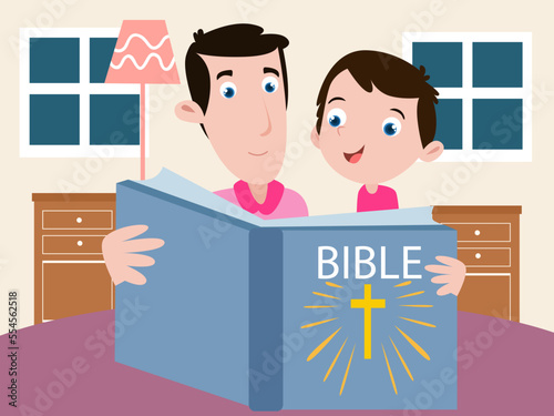 Boy and his father reading bible at home