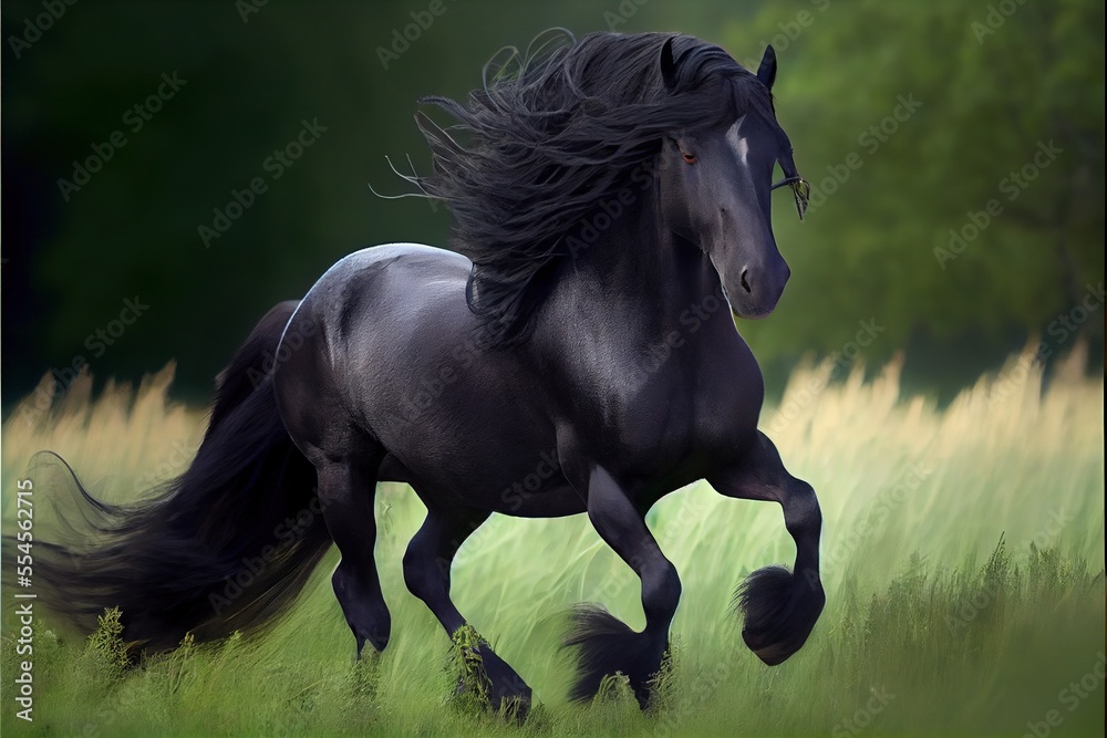 Wild Fresian horse in it's natural habitat - generative ai Wild Fresian horse in it's natural habitat - generative ai