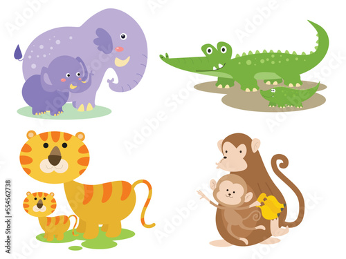 set of cartoon animals with their cub  illustration set  isolated on white background
