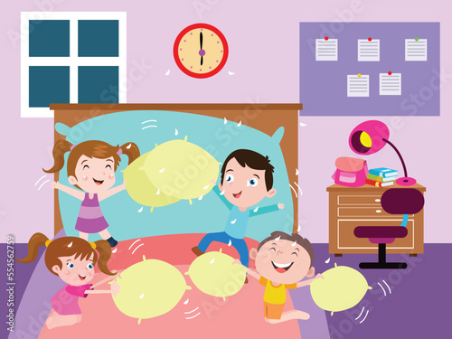 Children playing pillow fights in the bedroom