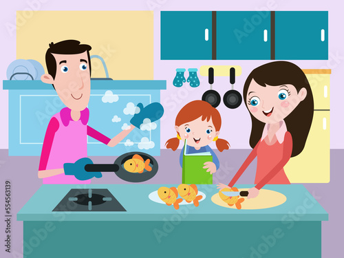 Girl and her parents cooking fish in the kitchen