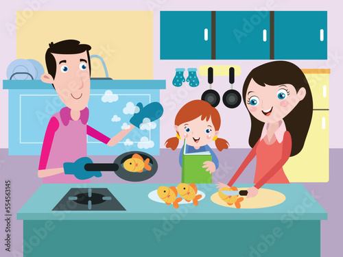 Girl and her parents cooking fish in the kitchen